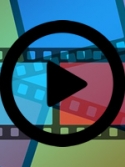 multi-colored frames of film overlaid with play button