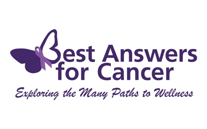 Purple butterfly with text: Best Answers for Cancer