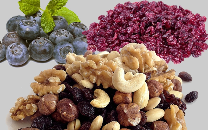 Blueberries, dried cranberries, and mixed nuts.