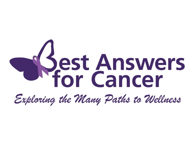 Purple butterfly with text: Best Answers for Cancer