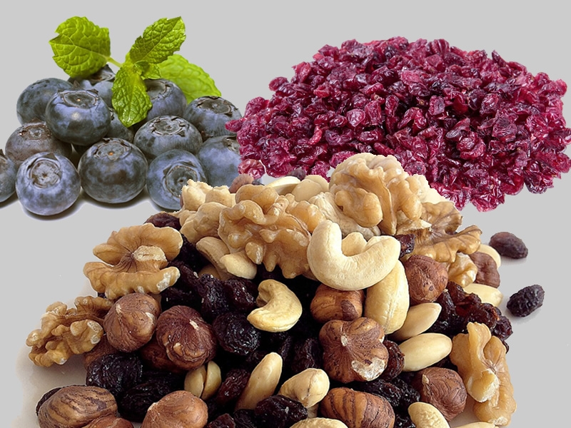 Blueberries, dried cranberries, and mixed nuts.