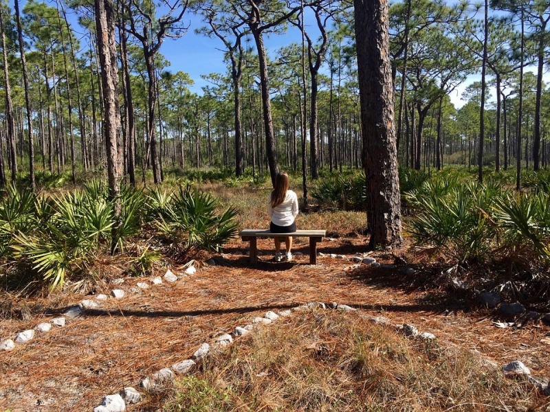 young woman seated on a bench in a wooded area