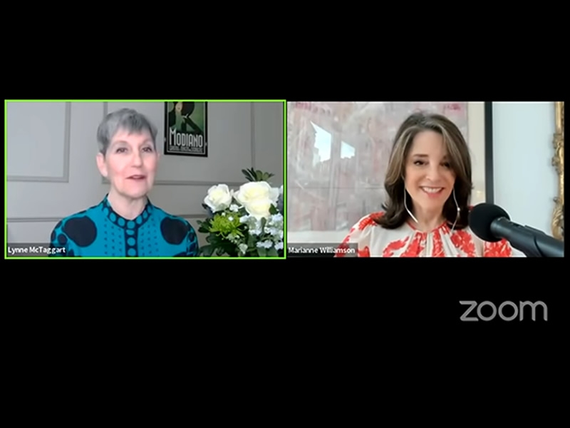 screenshot of Lynne McTaggart and Marianne Williamson during their Zoom meeting