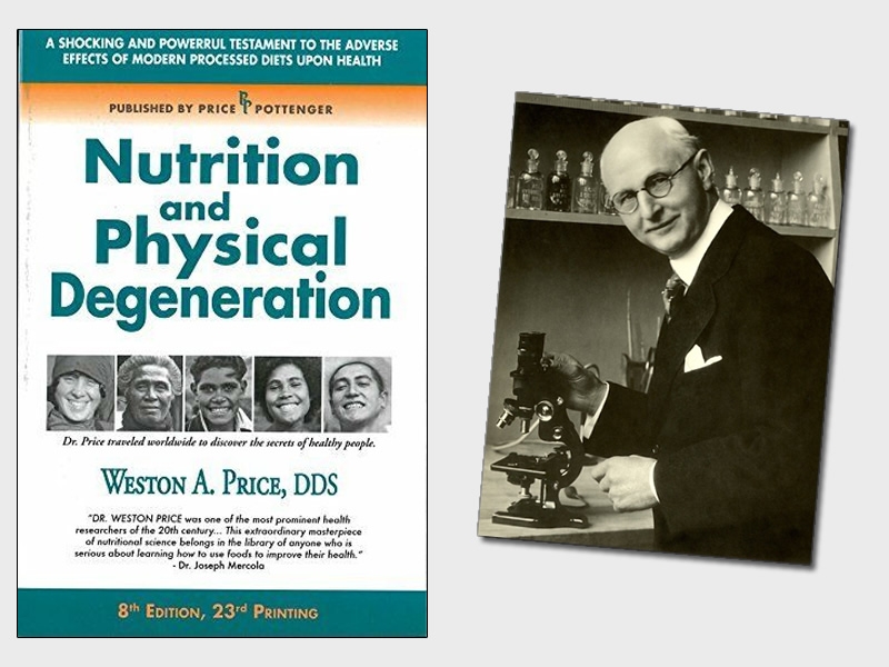 cover of book "Nutrition and Physical Degeneration" and photo of Weston A. Price with microscope