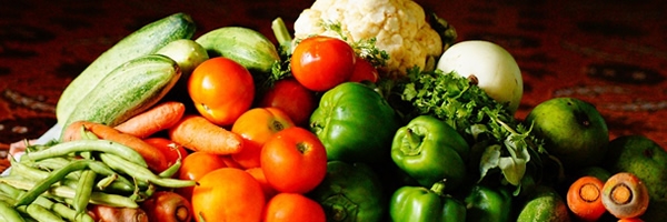 fresh veggies: green beans, zucchini, tomatoes, green peppers. cauliflower, onion, carrots
