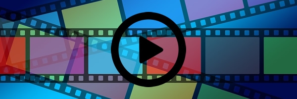 multi-colored frames of film overlaid with play button
