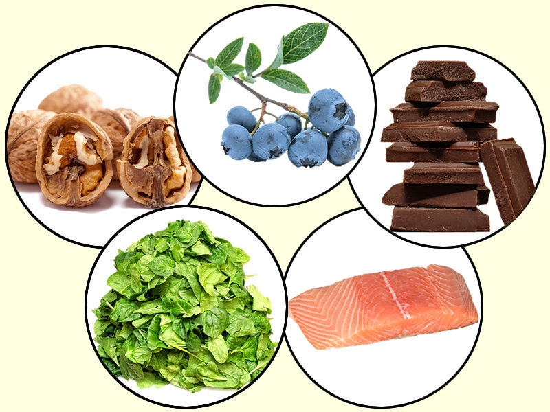 Walnuts, Blueberries, Chocolate, Spinach, Salmon