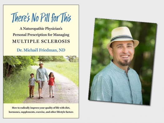 Book cover for Theres No Pill for This with photo of author and two children walking down a gravel road with green fields and trees