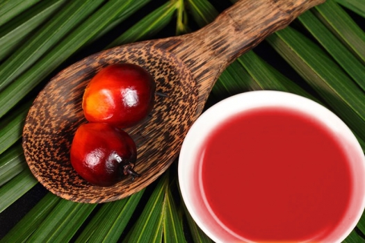 red palm fruit on wooden spoon next to bowl of oil