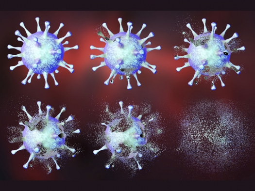 Series of images showing different stages of destruction of a virus.