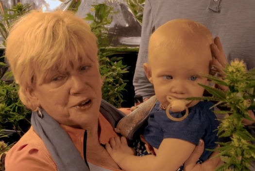 adult holding baby in area with Cannabis plants growing