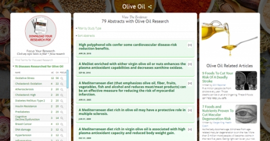 screenshot of GreenMedInfo olive oil database