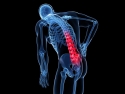 illustration of male skeleton with lower back spine highlighted