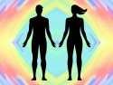 man and woman body silhouette illustration with colorful abstract background