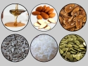 Photos of honey, almonds, pecans, sunflower seeds, coconut flakes, pumpkin seeds in circles