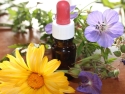 small brown bottle with white cap and red dropper surrounded by yellow and purple flowers
