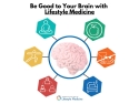 Be good to your brain with Lifestyle Medicine: graphics depict meditation, diet, exercise, sleep, no alcohol or smoking, and social interaction.