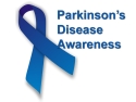 blue ribbon; text says "Parkinson's Disease Awareness"