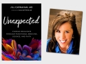 Book cover for "Unexpected" on left has black background, white text with title; colorful splashes of color in lower third of book cover; photo of author on right 