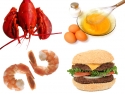 lobster, eggs, burger, shrimp